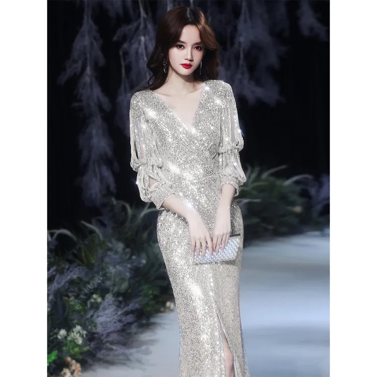 宴会法式晚礼服女高级感高端大气轻奢小众高定闪亮银色鱼尾连衣裙