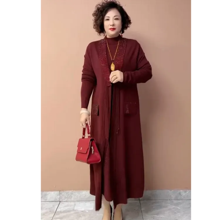 高级感冰麻针织外套提花两件套春秋新款妈妈装中长款镂空肩连衣裙