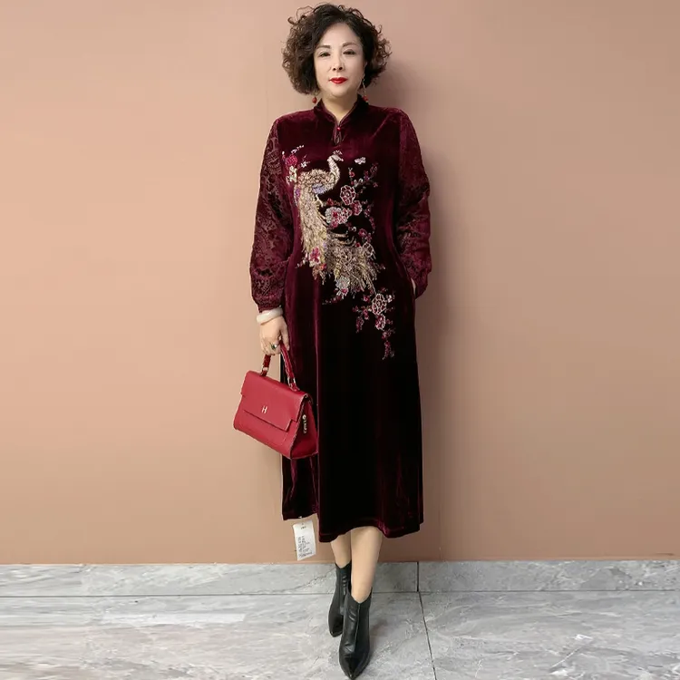 688国风中式妈妈烫旗袍裙丝绒长裙钻新秋季设计高品质大码中老年