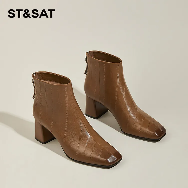 星期六短靴女款2025冬季新款真皮牛皮粗跟时尚欧美鱼纹时装靴子潮