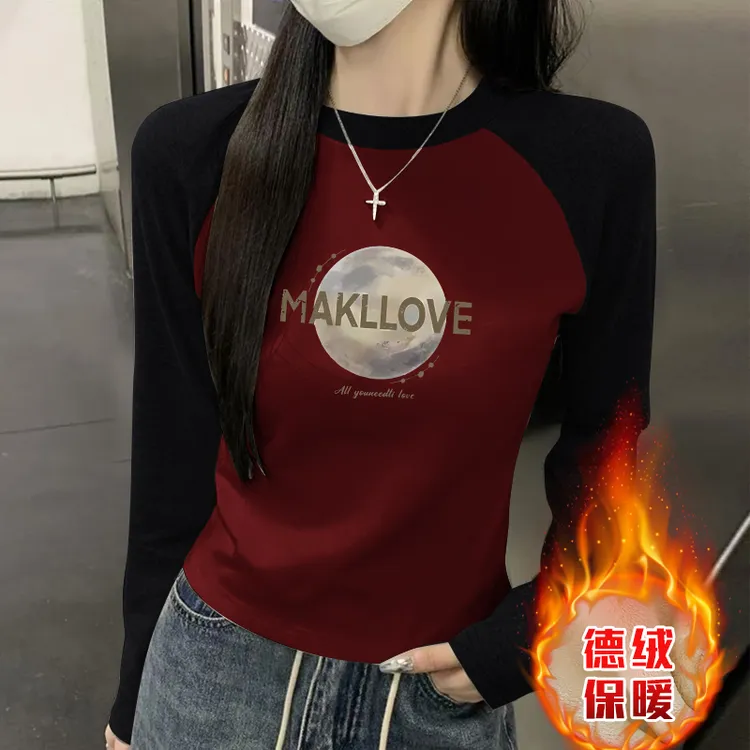 德绒圆领秋冬加厚打底衫女修身显瘦内搭百搭印花长袖T恤上衣