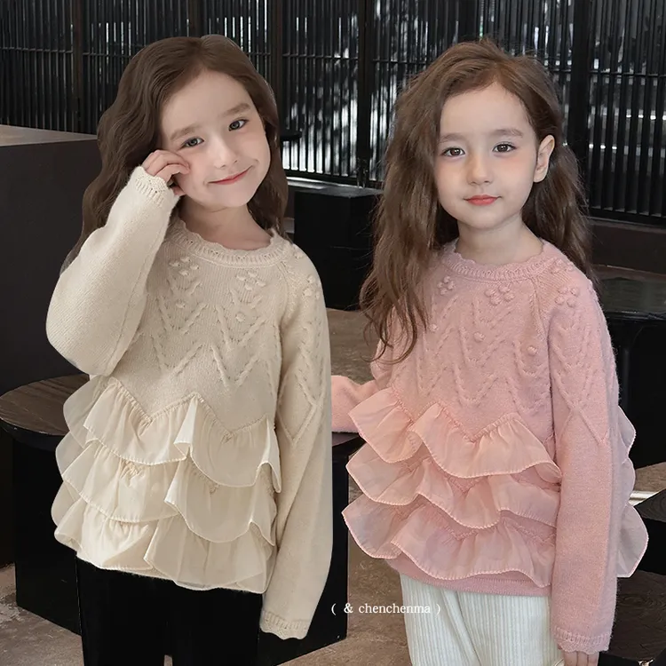 女童针织衫打底套头蕾丝洋气公主外穿宽松上衣花边秋冬款毛衣童装