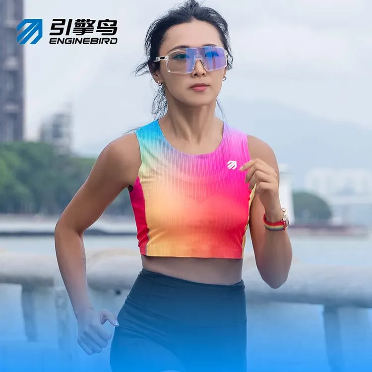 引擎鸟女士夏季短款马拉松运动背心速干透气轻薄高弹彩虹跑步背心