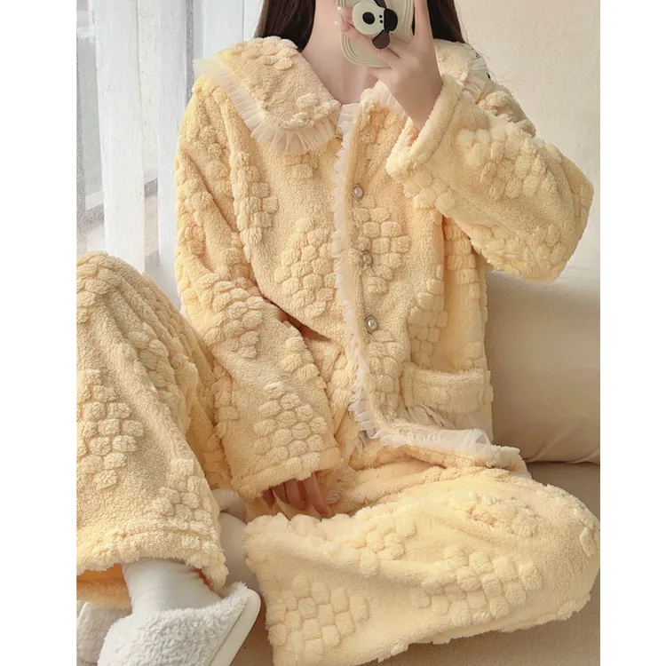 珊瑚绒睡衣女款冬季加绒加厚网红黄色提花开衫套装法兰绒2023新款