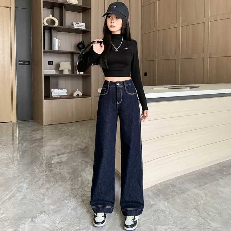 小个子秋冬新款牛仔裤女九分长裤高腰显瘦阔腿直筒裤