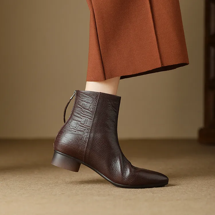 纯羊皮粗跟通勤短靴女3cm法式复古真皮鞋时尚女士百搭宴会鞋子