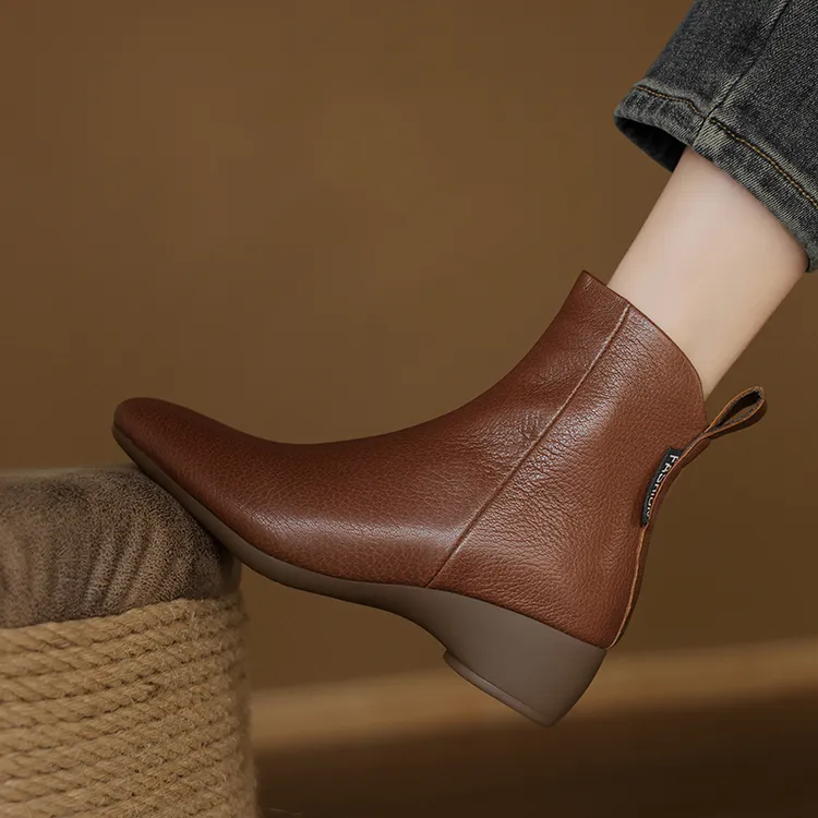 头层小羊皮4公分34-40坡跟圆头时尚百搭短靴女舒适优雅真皮女靴