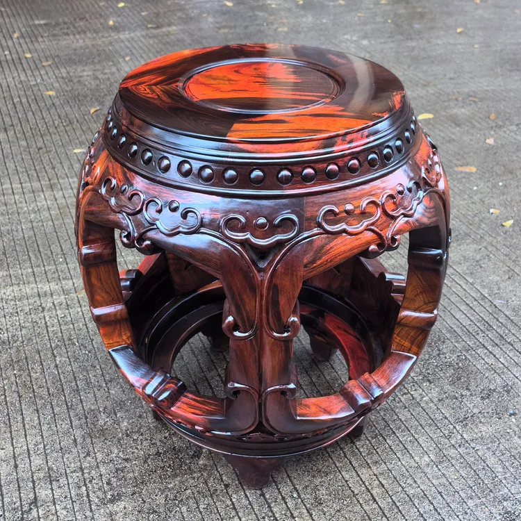 红酸如意鼓凳榫卯结构实木圆形凳子餐桌凳子独板整料雕花复古客厅