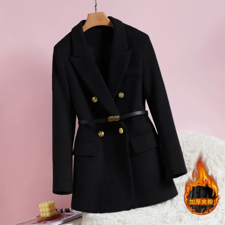 秋冬季百搭加棉西装毛呢外套女双排扣显瘦黑色西服上衣【送腰带】