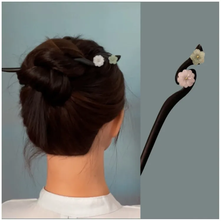 国风檀木双面发簪紫光檀盘发簪子汉服旗袍配饰发卡发钗头饰