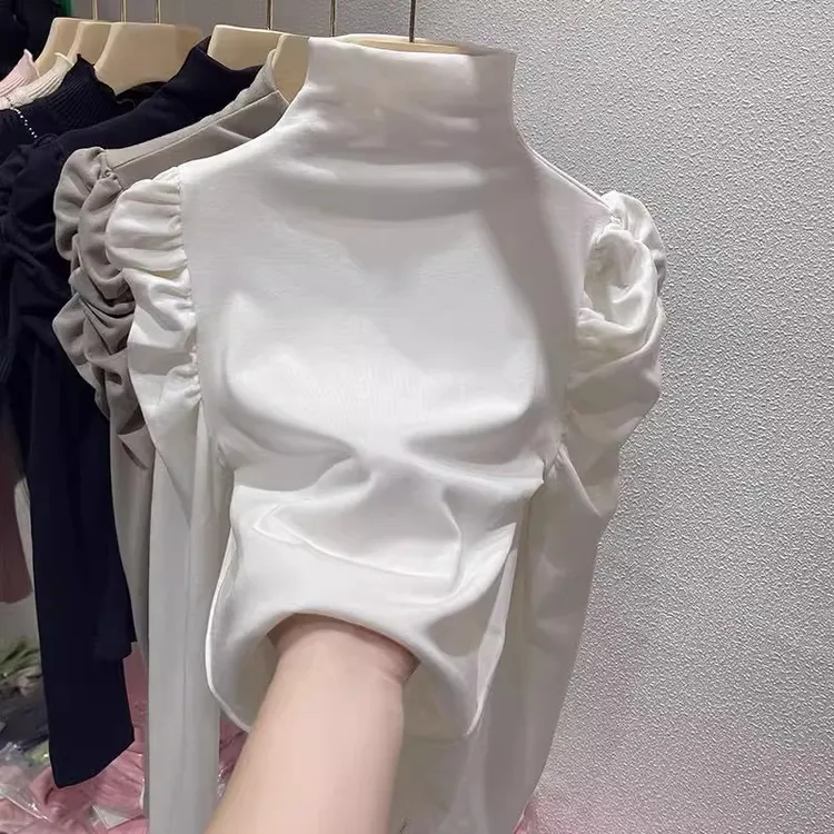 新款百搭高领打底衫女秋冬内搭洋气褶皱泡泡袖t恤修身长袖上衣潮