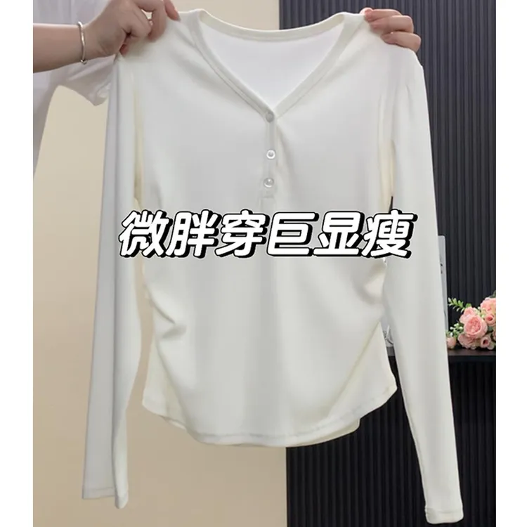 特大码200斤美式简约纯色V领排扣收腰设计长袖t恤女秋季薄款上衣