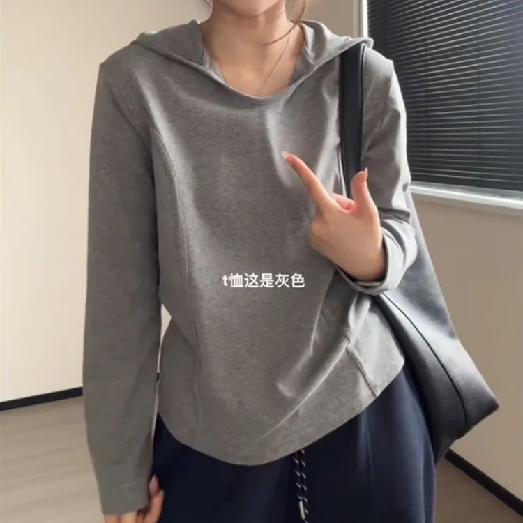 特大码200斤气质简约纯色弧形下摆遮肚显瘦正肩连帽长袖卫衣女ins