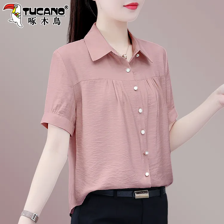 啄木鸟夏季洋气衬衫女2025新款雪纺衫衬衣中年妈妈宽松遮肚上衣