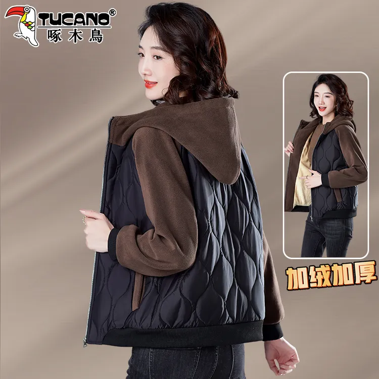 啄木鸟加绒棉衣女款冬季新款宽松大码短款连帽棉服时尚拼接外套