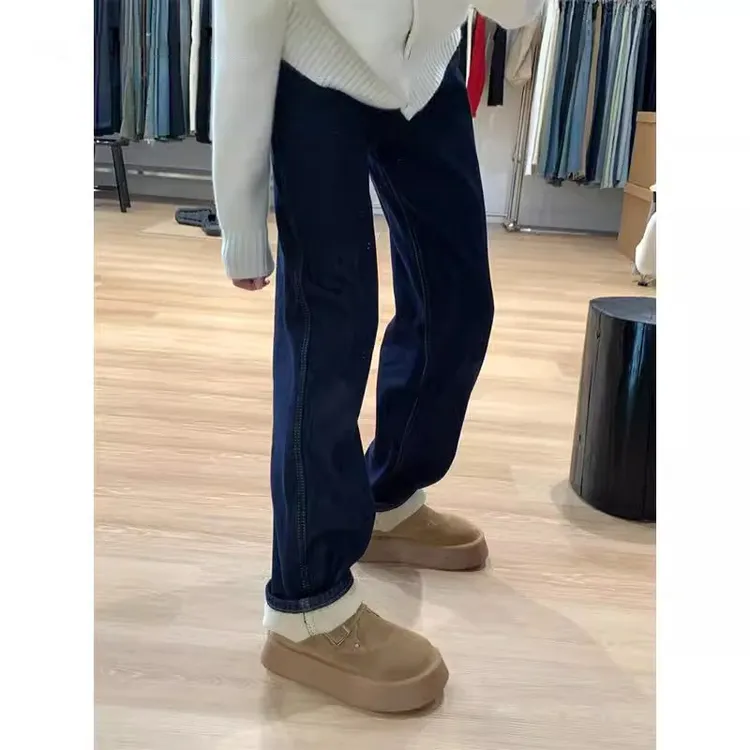 丹宁深蓝色加绒阔腿牛仔裤女2024秋冬新款小众显瘦高腰窄版直筒裤