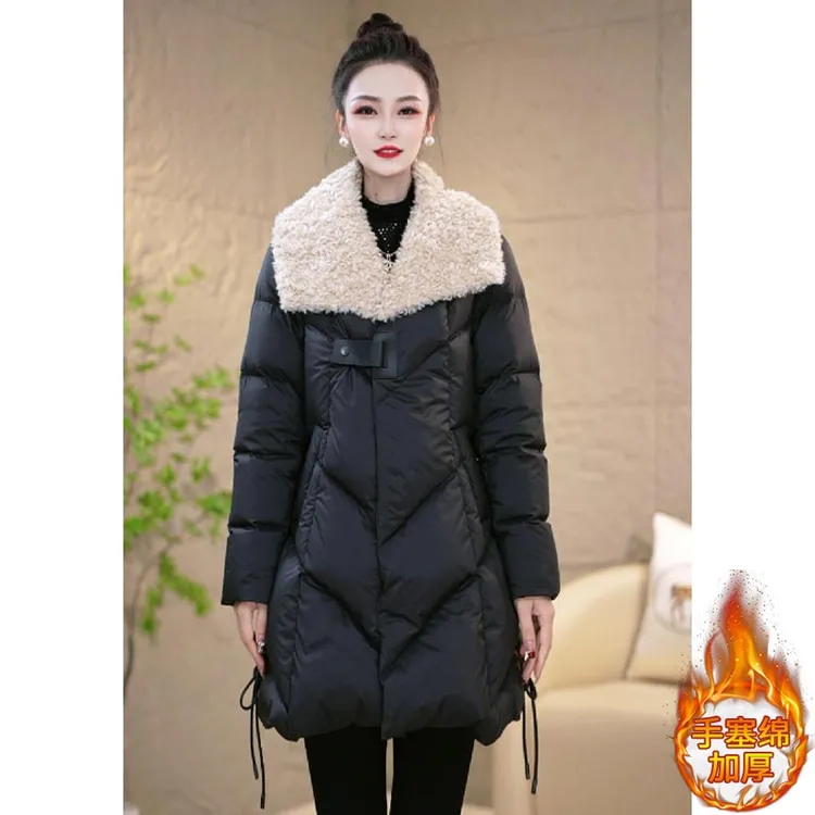 设计感百搭宽松减龄棉服潮2026年冬季新款拼接翻领加厚中长款外套