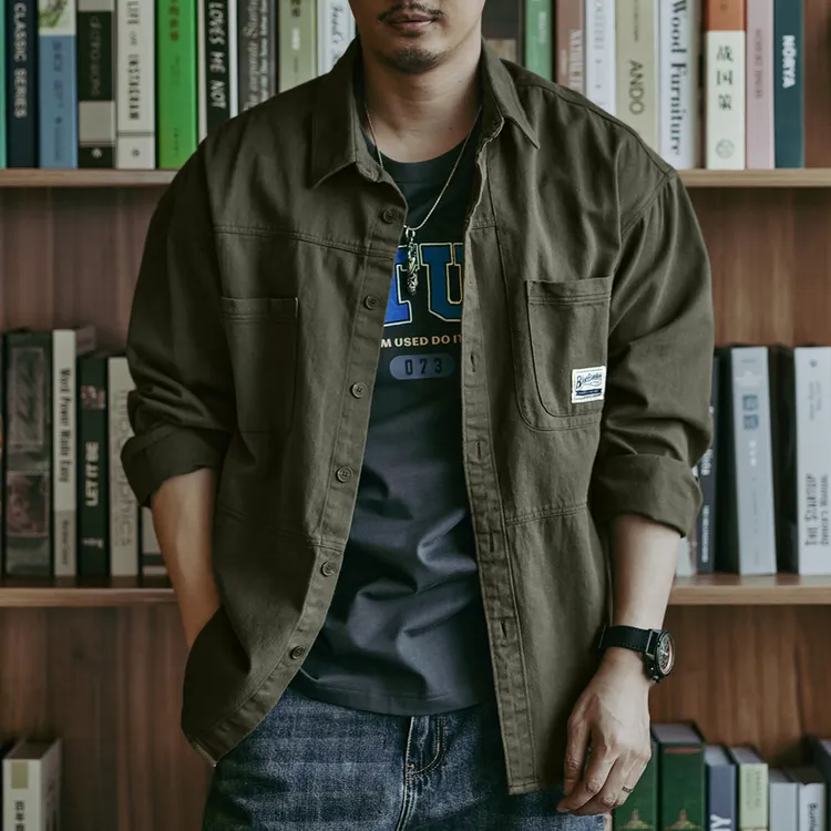 高级感美式重磅复古工装衬衫男宽松春秋新款休闲长袖男士衬衣外套