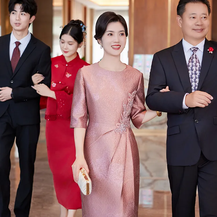 蕾蒂若新款妈妈喜服婚宴安克拉红色旗袍高贵年轻喜婆婆装礼服1244