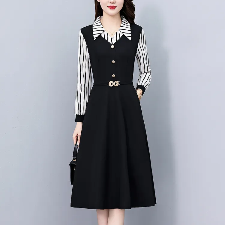 高级感气质条纹假两件大码女装胖mm长袖连衣裙2025春秋新款中长裙