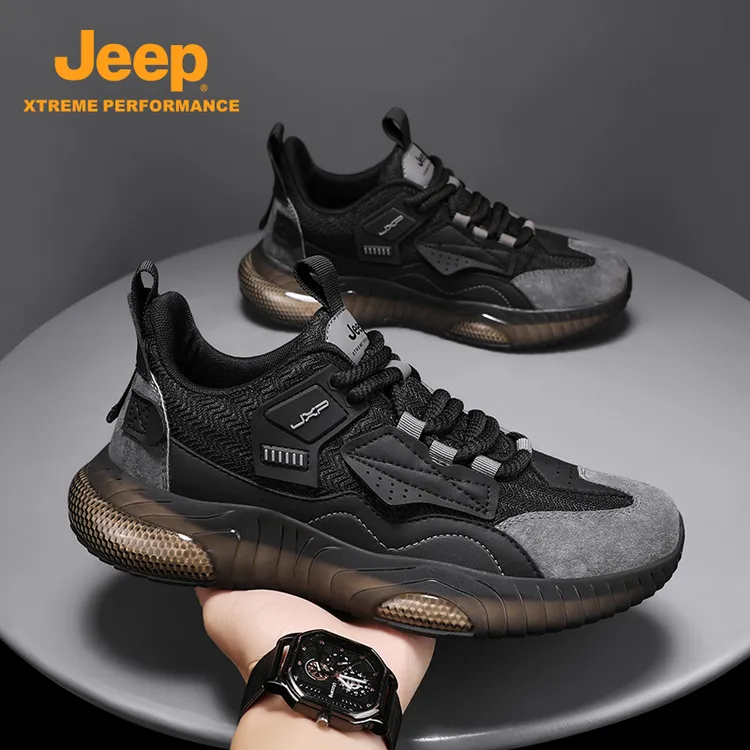 jeep吉普男鞋厚底减震老爹鞋2025秋季真皮户外网面透气运动休闲鞋