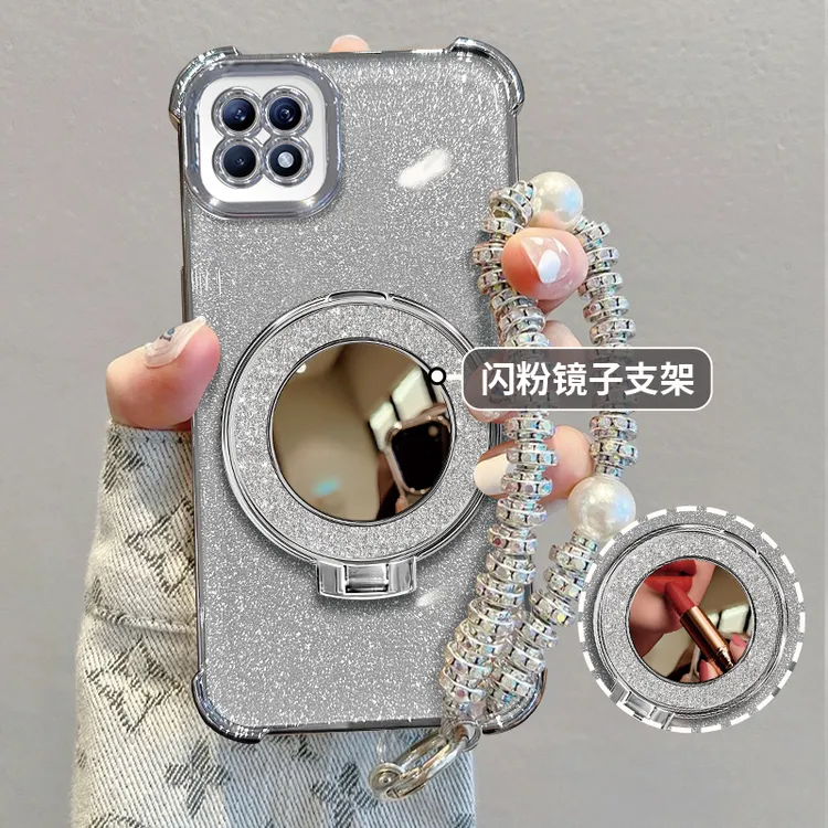 适用于OPPO A72手机壳闪粉镜子支架四角防摔软壳补妆镜高级感女款
