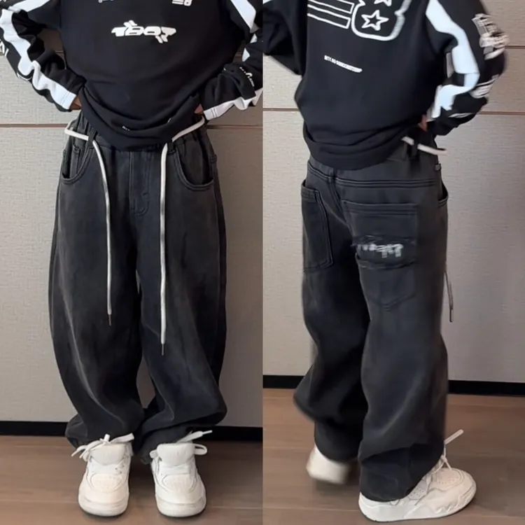 一乐乐家冬款加绒宽松韩系洋气百搭黑灰色简潮风格牛仔裤长裤