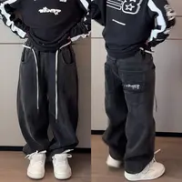 一乐乐家冬款加绒宽松韩系洋气百搭黑灰色简潮风格牛仔裤长裤