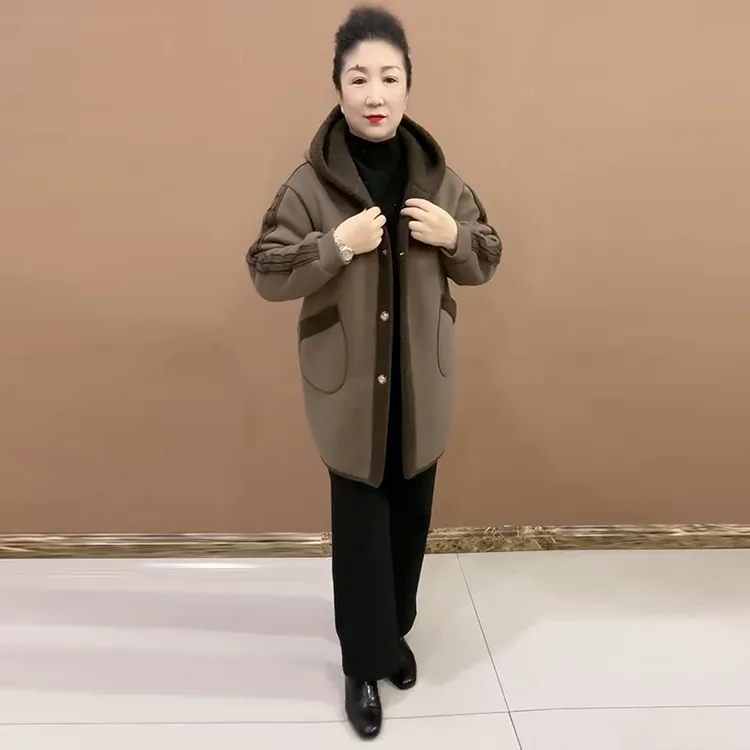 双面绒大衣女加厚保暖时尚妈妈中长款外套加大码遮肚子连帽开衫女
