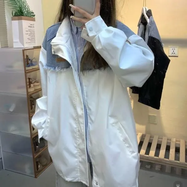 ins网红春新款牛仔拼接立领冲锋衣外套女宽松休闲学生夹克外套
