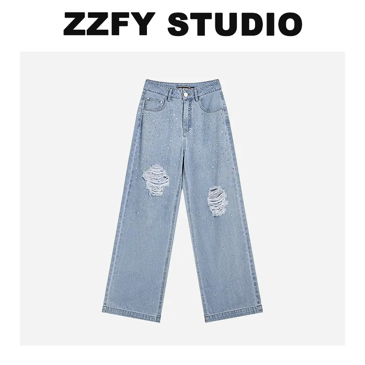 ZZFY STUDIO 烫钻破洞阔腿牛仔长裤 24YNZL131004L