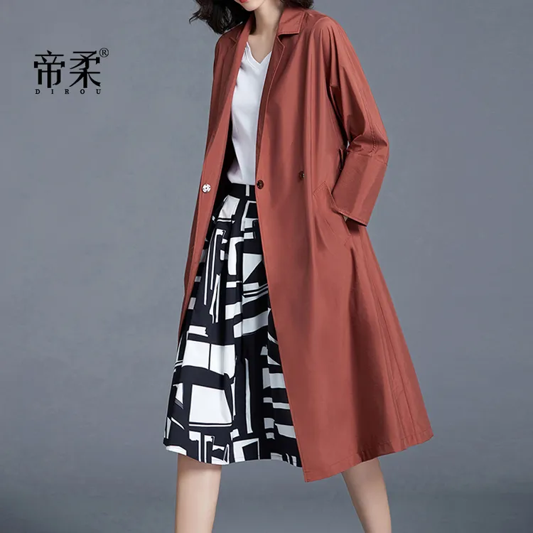 2025春秋时尚风衣女中长款新款简约宽松休闲大码气质收腰外套薄款