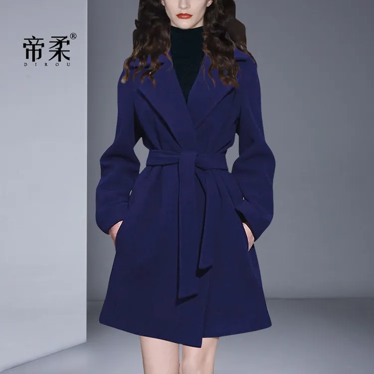 秋冬2025时尚宝蓝色羊毛呢子外套女中长款高端气质修身零羊绒大衣