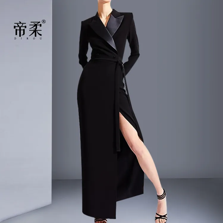 西装领长袖连衣裙修身显瘦2025秋季新款气质设计感小黑裙中长裙子