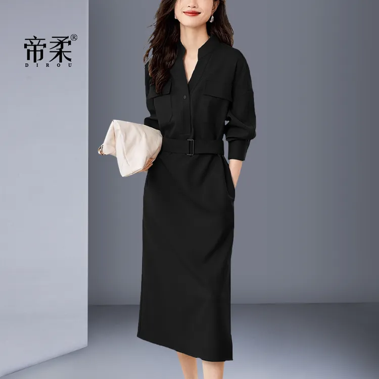 复古黑色连衣裙长袖2025秋季休闲工装风修身衬衫裙时尚百搭气质