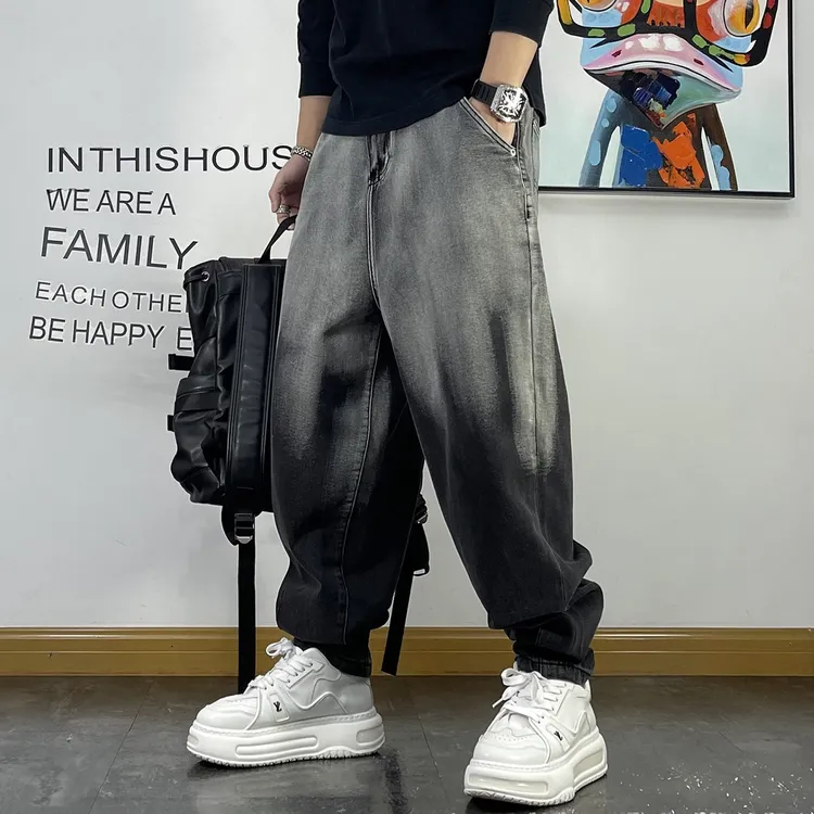 ins潮个性水洗牛仔裤男痞帅休闲哈伦裤秋季大码300斤小脚裤子百搭