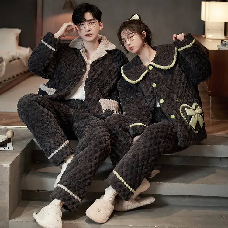 情侣睡衣秋冬季新款三层夹棉加绒加厚高档女款冬天男士家居服套装