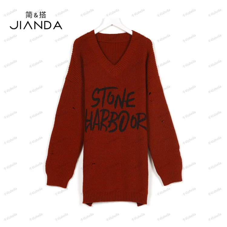 简&搭千屿Sheila秋款中长款破洞针织长袖雅丹风毛衣0922-88148