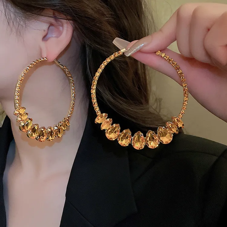 合金仿水晶耳饰 圆形水滴耳环欧美夸张设计耳圈小众时尚气质耳饰