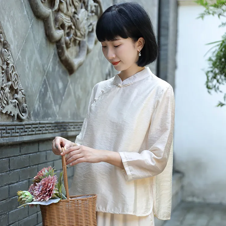二喜2025夏装旗袍上衣国风女装绿色佛系禅意上衣新中式茶服小个子