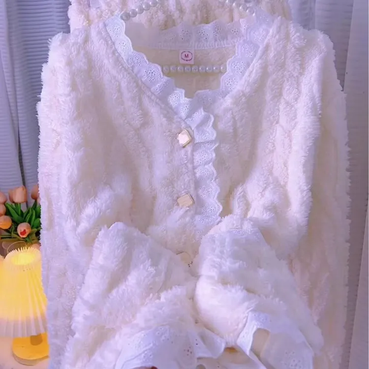 珊瑚绒睡衣女冬季绒绒睡衣可外出保暖纯色居家服女孩女加厚加绒