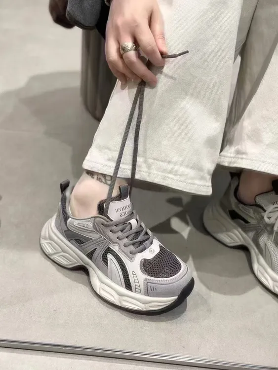 （贸贸鞋店）秋冬新款真皮舒服厚底网面老爹鞋