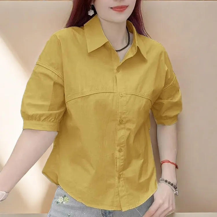 薄款纯棉收腰短袖衬衣开衫翻领衬衫夏季新款宽松显瘦时尚中袖上衣