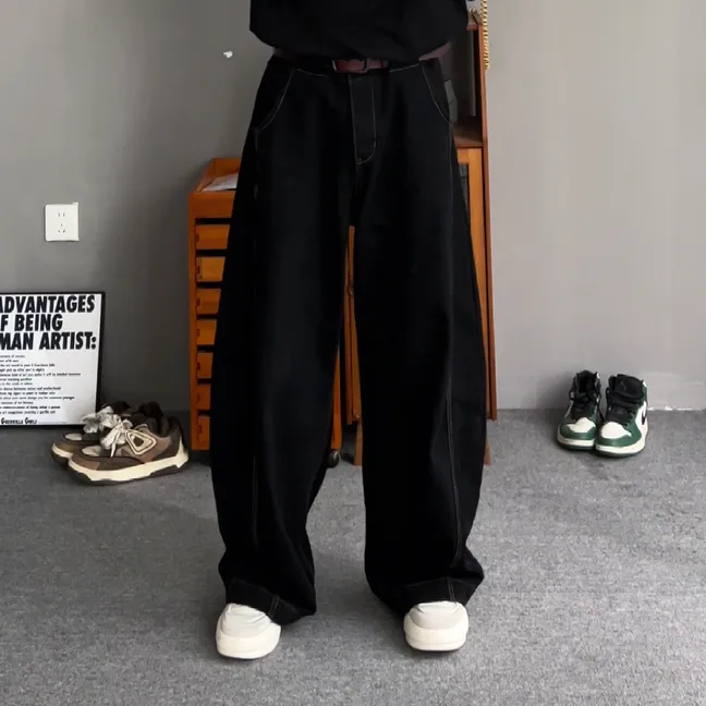 裤子男秋冬时尚都市立体裁剪遮肉显瘦明线设计重磅弯刀阔腿牛仔裤