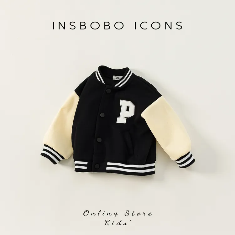 INSbobo秋冬男女童字母棒球服加厚儿童外套小童夹克撞色QY62009 