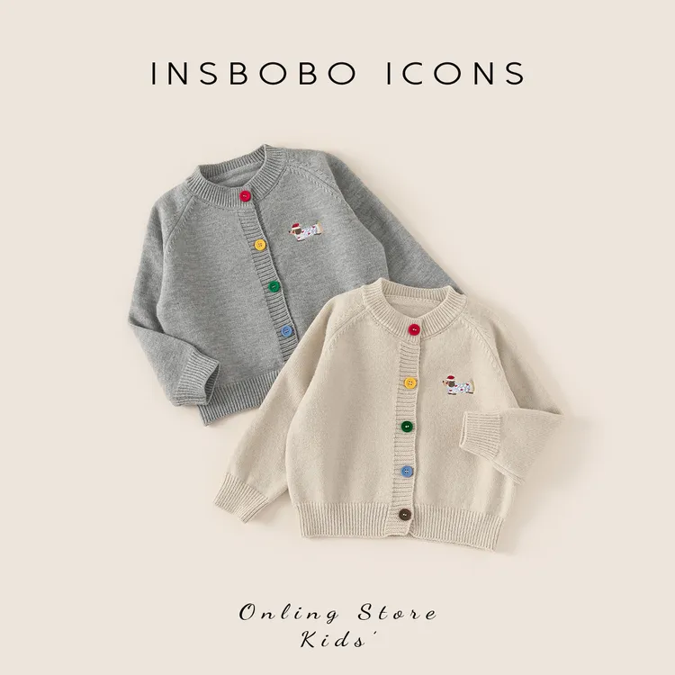 INSbobo儿童毛线针织外套开衫小狗绣花彩色纽扣开衫毛衣潮QY84139