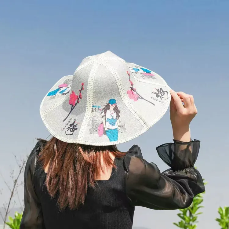 中国风草帽六片折叠扇子遮阳帽便携式夏季户外田园防晒太阳帽子女