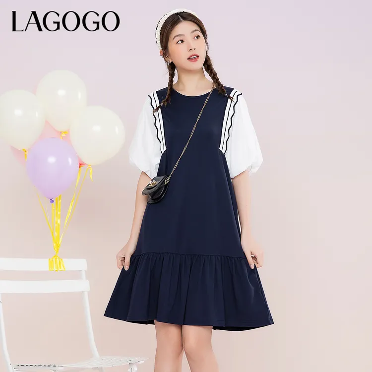 lagogo新款蝙蝠袖下摆褶皱设计感连衣裙女MALL355F46