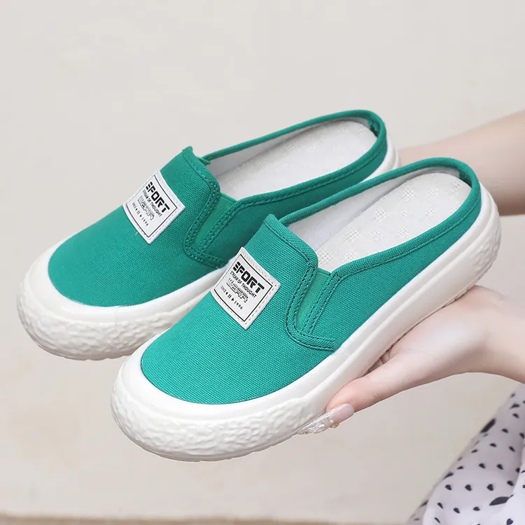 春秋新款包头拖鞋帆布时尚女款洋气软底外穿透气休闲鞋平底懒人鞋