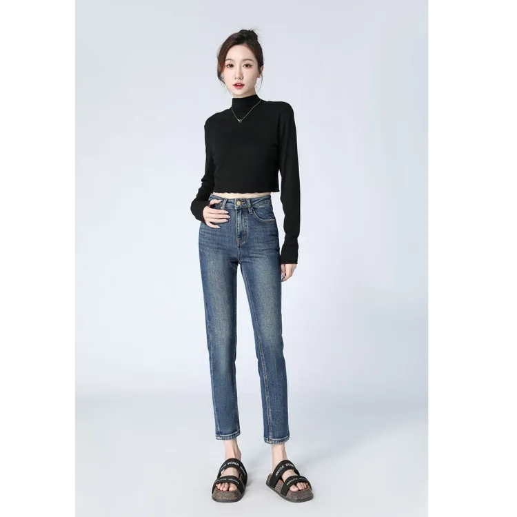 冬季高腰紧身裤【加绒】弹力百搭直筒九分裤显瘦修身小脚裤牛仔裤